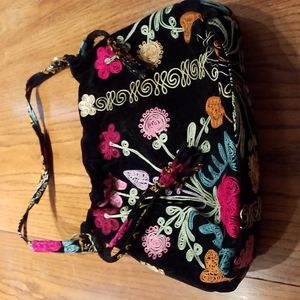 Black Velvet Hobo Purse With Multi-colored Embroidered Flowers